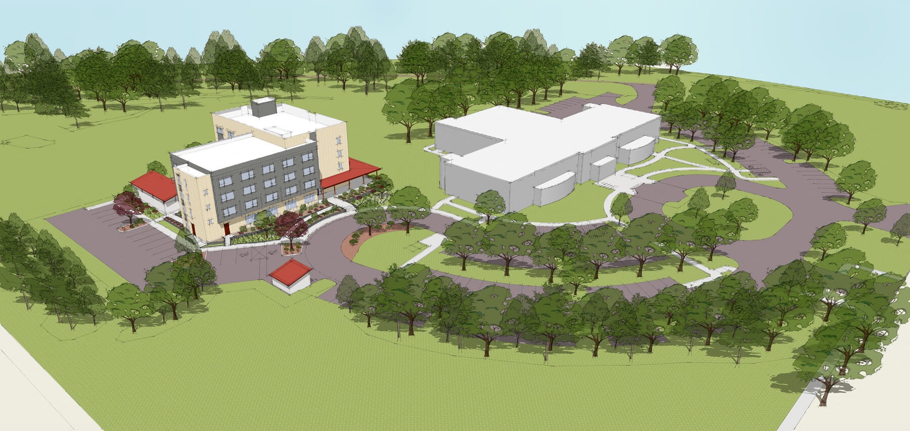 an aerial view of a campus with buildings and trees